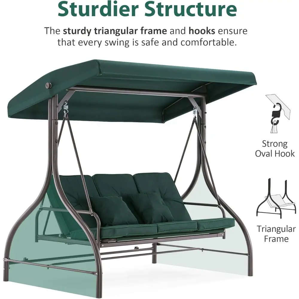 3-Seat Outdoor Patio Swing Chair, 2-in-1 Convertible Porch Swing Glider Chair with Removable Cushions, Adjustable Canopy & Pill