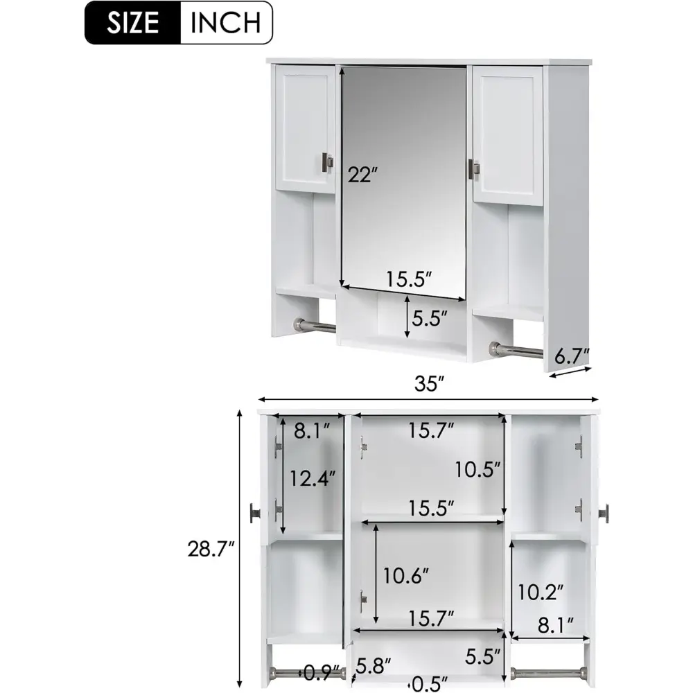Wall Mount Bathroom Cabinet with Mirror, Open Shelf, and Towel Bar, 35" W x 28.7" H Over The Toilet Mirrored Bathroom Wall Cabi