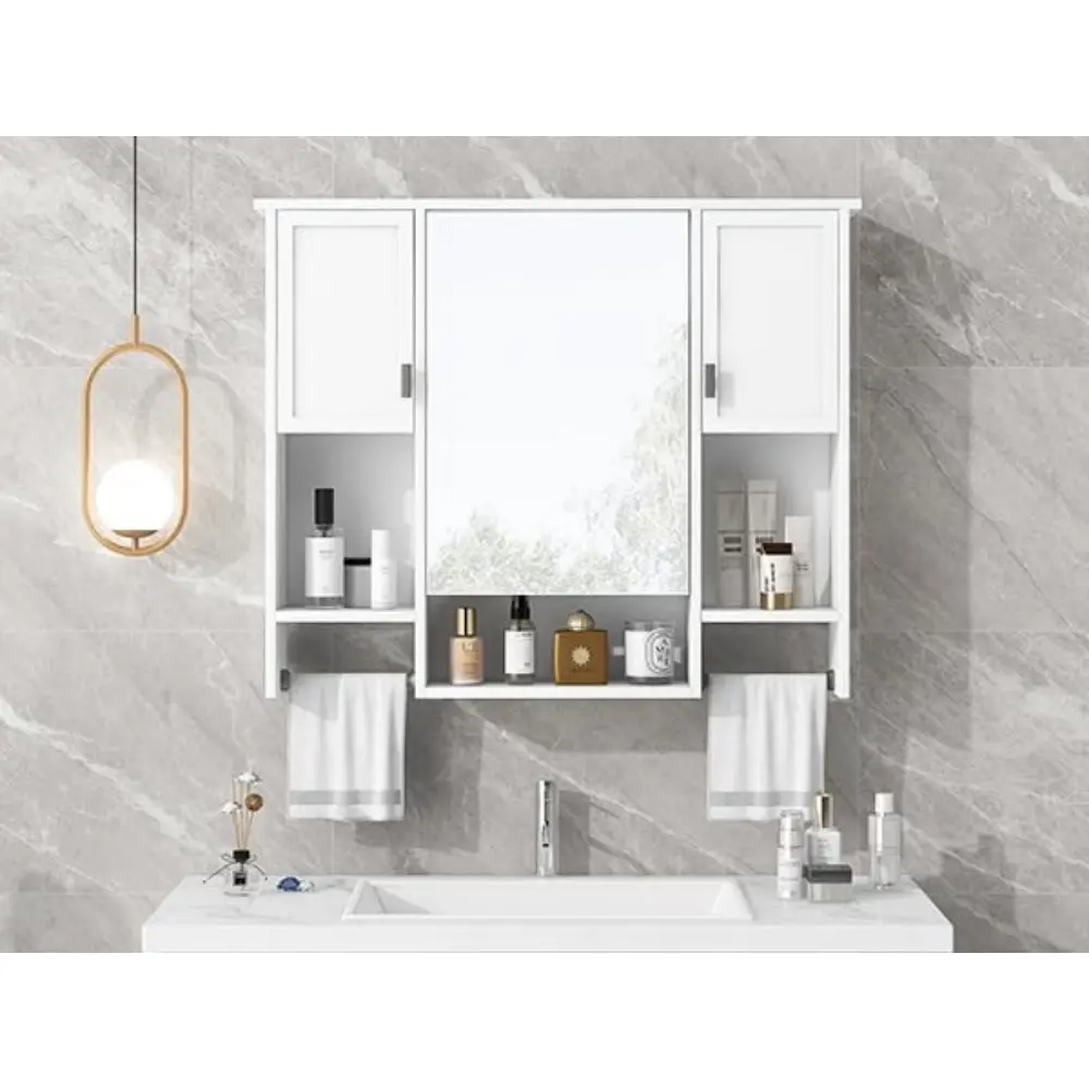 Wall Mount Bathroom Cabinet with Mirror, Open Shelf, and Towel Bar, 35" W x 28.7" H Over The Toilet Mirrored Bathroom Wall Cabi