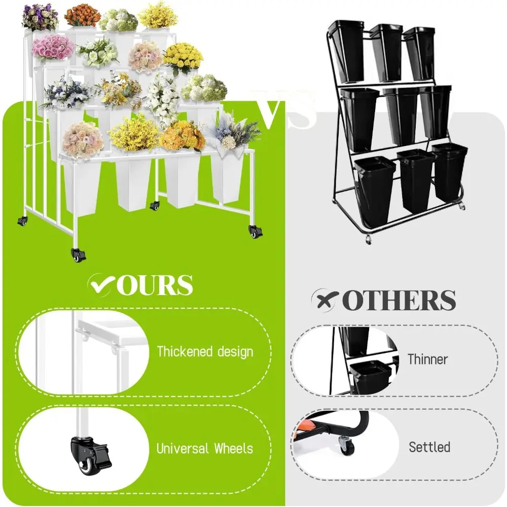 Flower Display Stand with Buckets, 4 Layers 16PCS Buckets Metal Flower Cart Display Stand with Wheels, for Patio Garden, Living