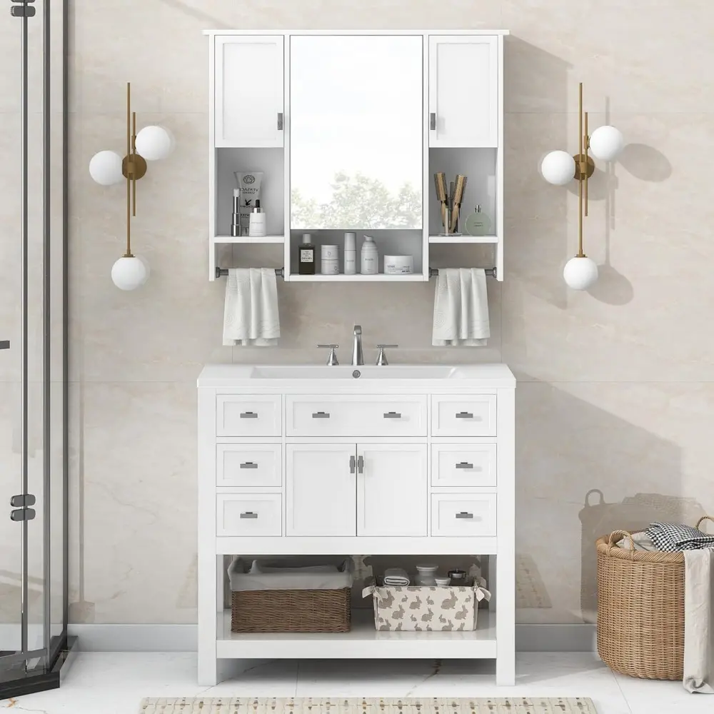 Wall Mount Bathroom Cabinet with Mirror, Open Shelf, and Towel Bar, 35" W x 28.7" H Over The Toilet Mirrored Bathroom Wall Cabi