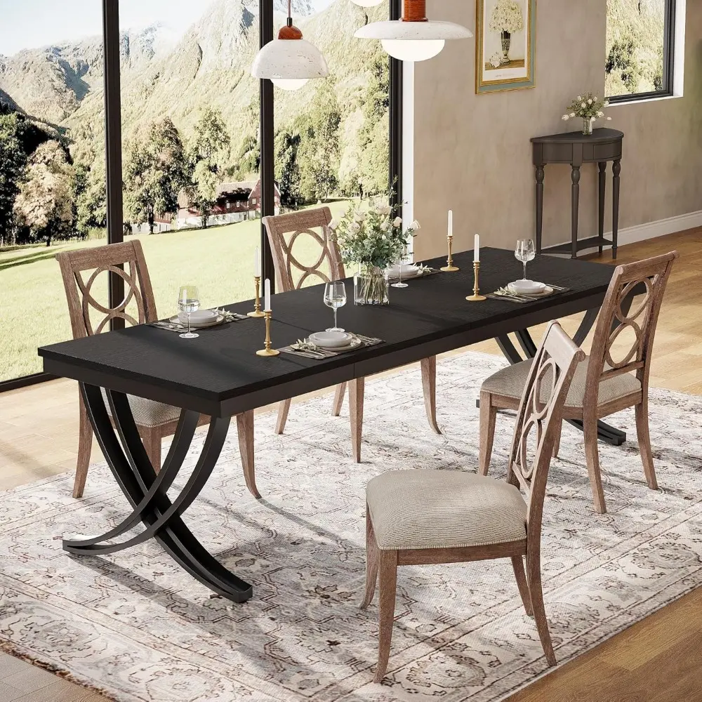 Rectangular Dining Table for 6-8, 78 inch Large Wood Farmhouse Dinner Table with Heavy Duty Metal Legs and Wooden Top for Kitch