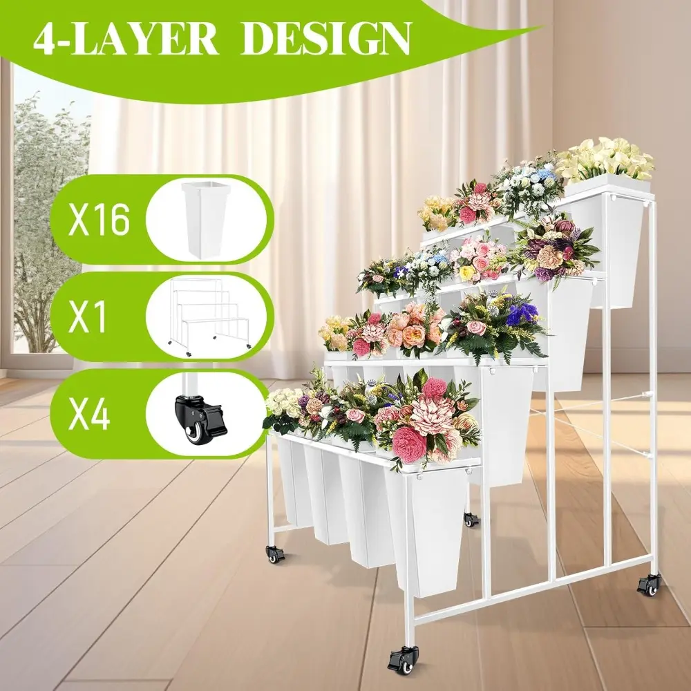 Flower Display Stand with Buckets, 4 Layers 16PCS Buckets Metal Flower Cart Display Stand with Wheels, for Patio Garden, Living