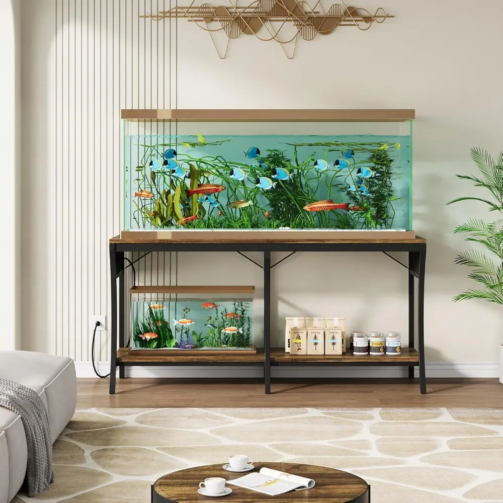 55-90 Gallon Fish Tank Stand, 2-Tier Aquarium Stand with LED Light Strip and Power Outlets, Reptile Tank Stand with Metal Frame,