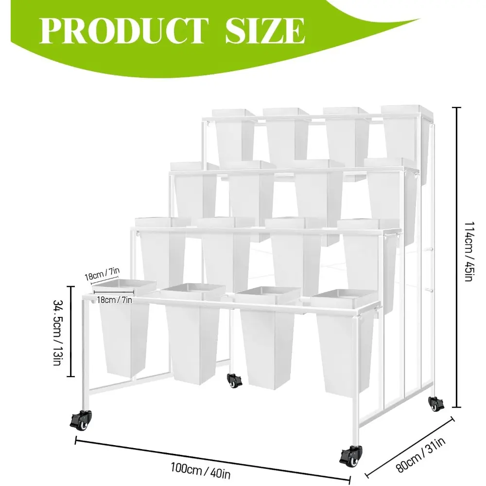 Flower Display Stand with Buckets, 4 Layers 16PCS Buckets Metal Flower Cart Display Stand with Wheels, for Patio Garden, Living
