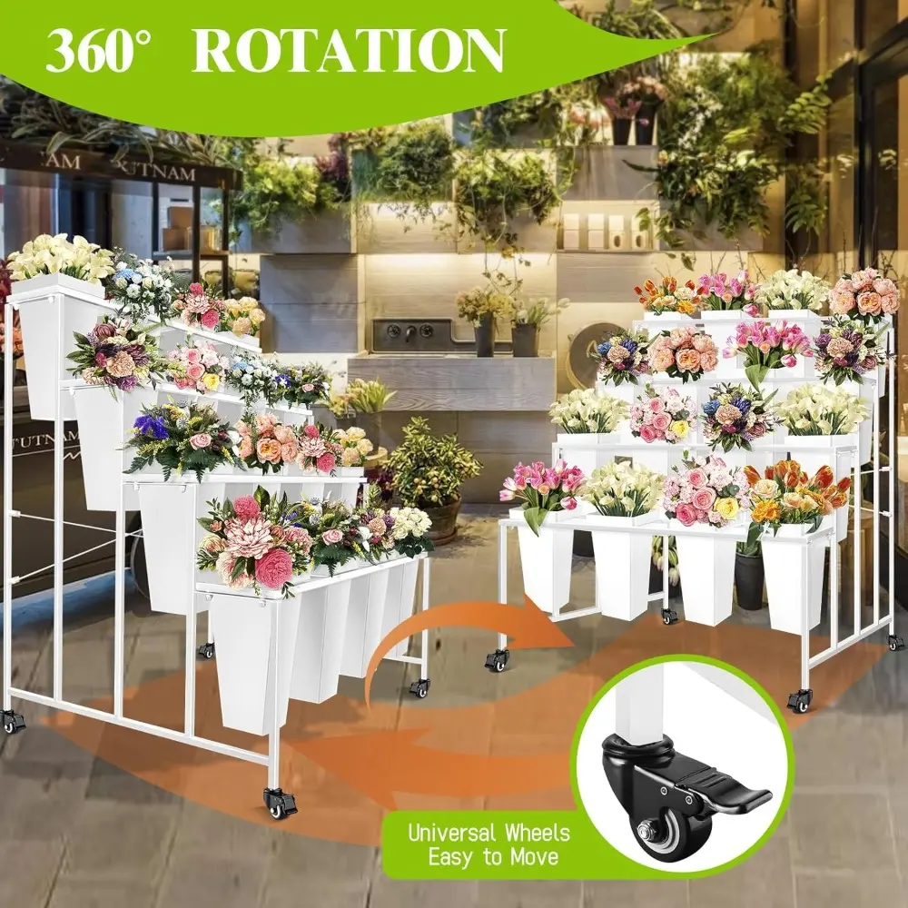Flower Display Stand with Buckets, 4 Layers 16PCS Buckets Metal Flower Cart Display Stand with Wheels, for Patio Garden, Living