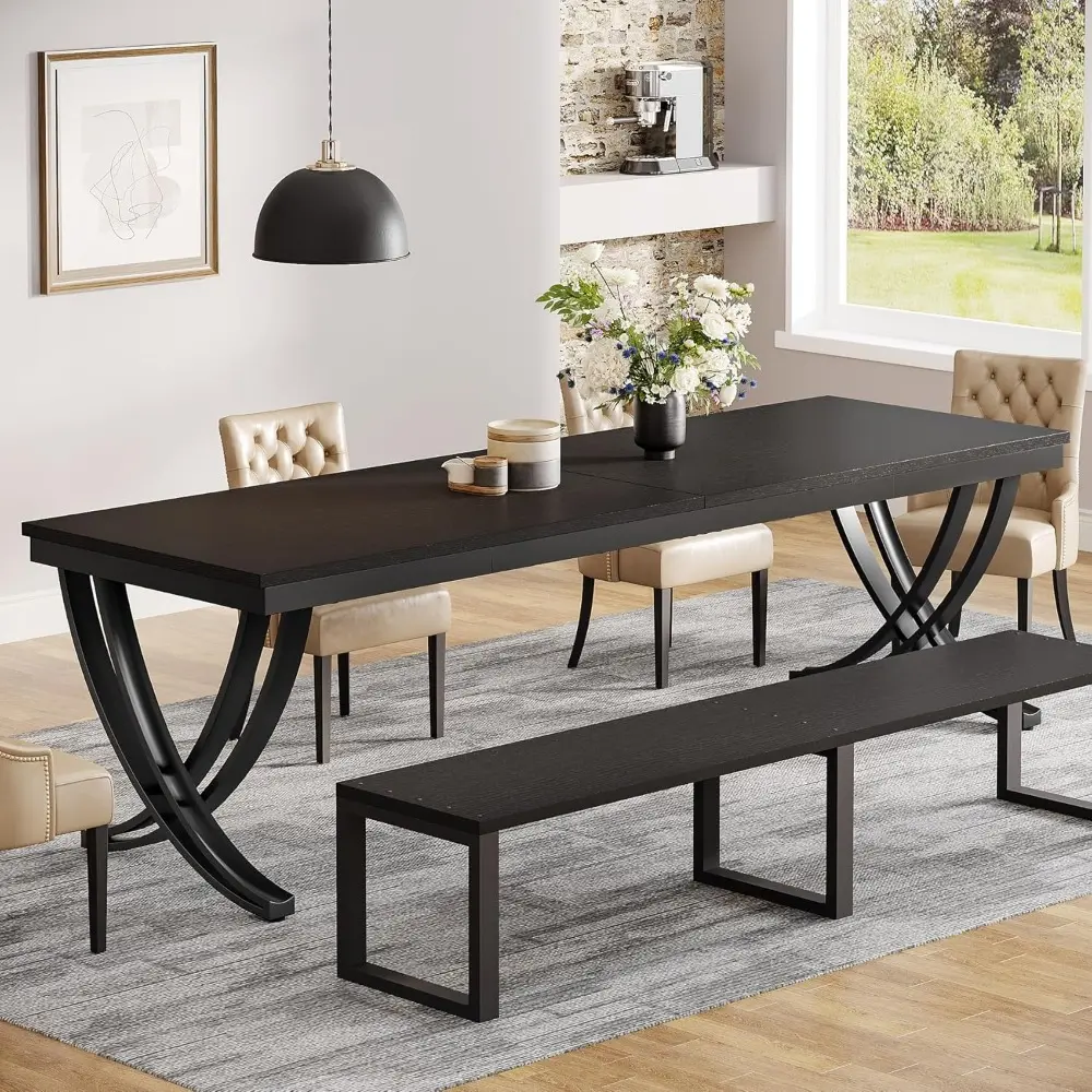 Rectangular Dining Table for 6-8, 78 inch Large Wood Farmhouse Dinner Table with Heavy Duty Metal Legs and Wooden Top for Kitch