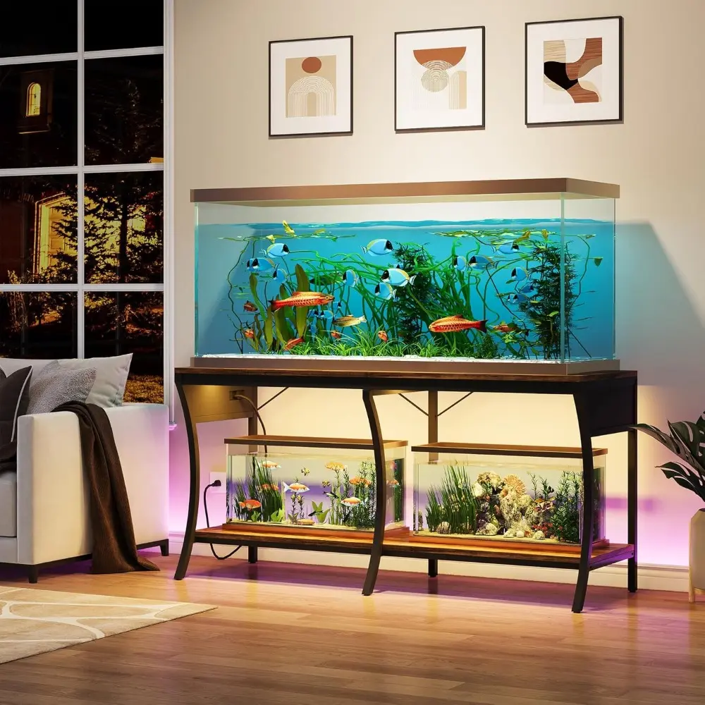 55-90 Gallon Fish Tank Stand, 2-Tier Aquarium Stand with LED Light Strip and Power Outlets, Reptile Tank Stand with Metal Frame,