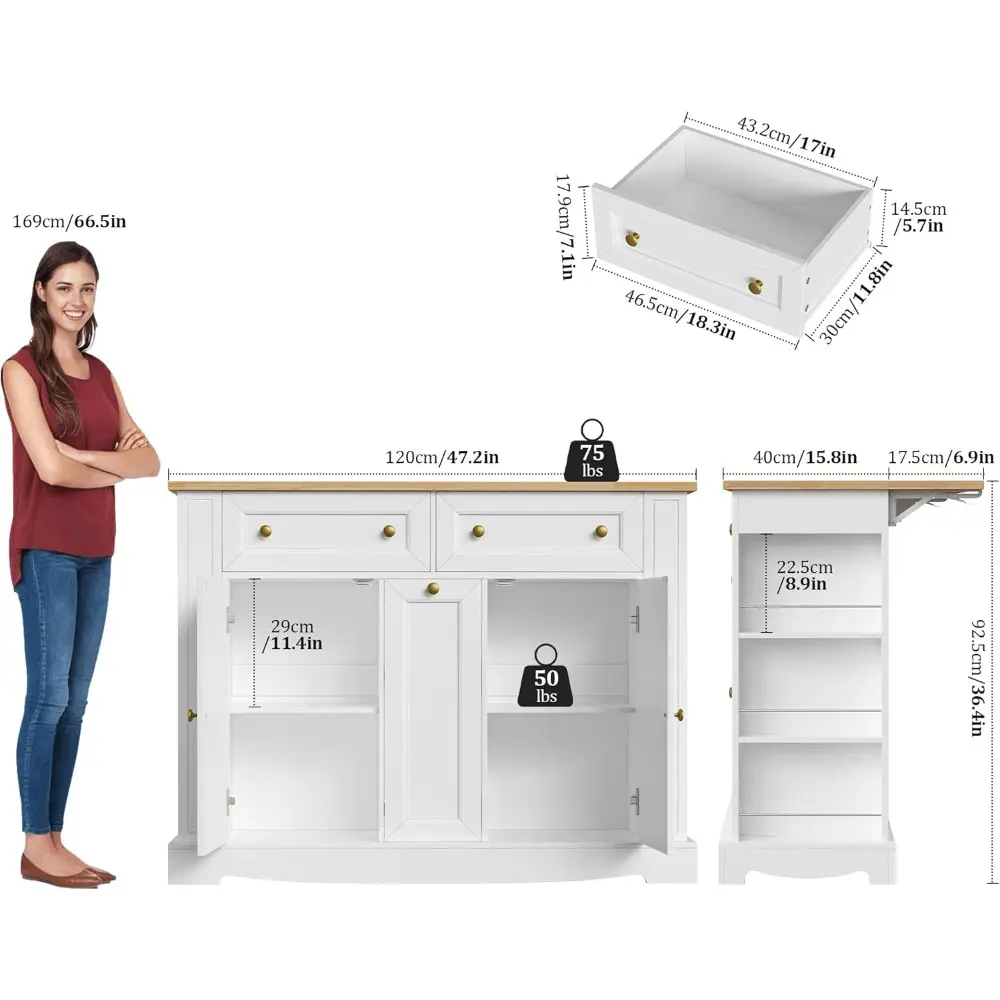 Kitchen Island with Storage, Kitchen Cart with Drop Leaf Countertop, Island Table with Open Spice Rack, 2 Drawers & Pull-Out Sli