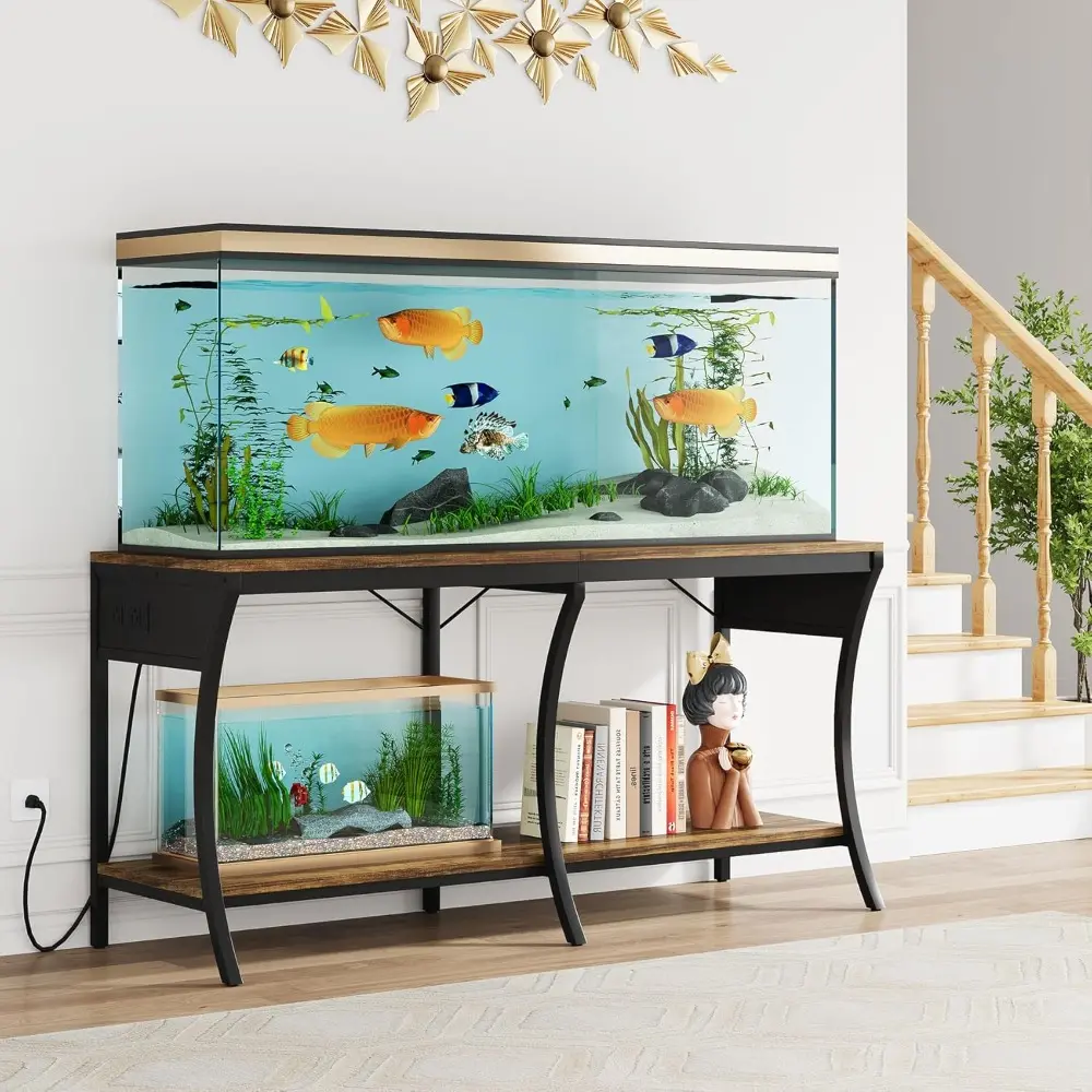 55-90 Gallon Fish Tank Stand, 2-Tier Aquarium Stand with LED Light Strip and Power Outlets, Reptile Tank Stand with Metal Frame,