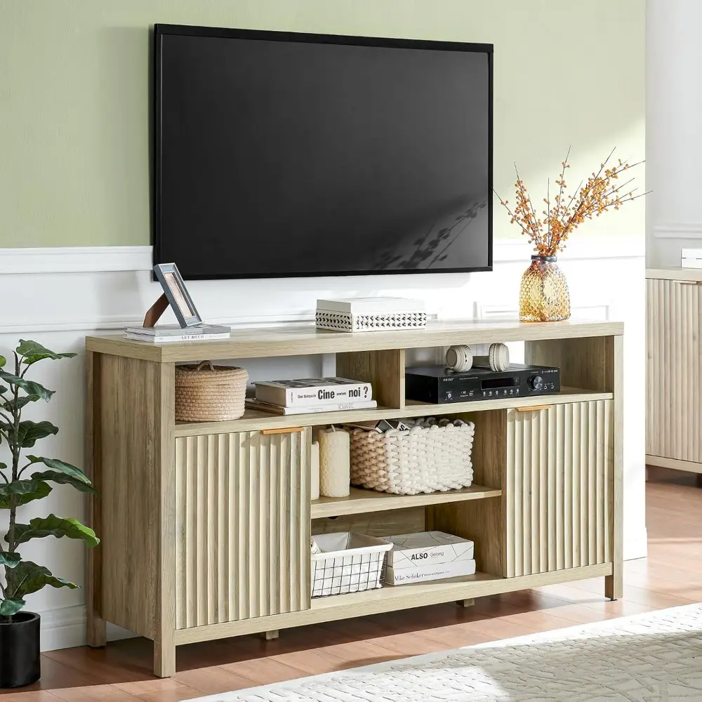 Fluted Tall TV Stands for Living Room, Heavy Duty Entertainment Center with Storage, Mid Century Modern Television Stands for 50