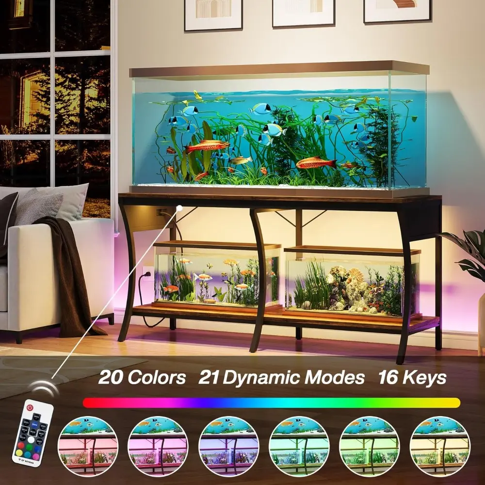 55-90 Gallon Fish Tank Stand, 2-Tier Aquarium Stand with LED Light Strip and Power Outlets, Reptile Tank Stand with Metal Frame,