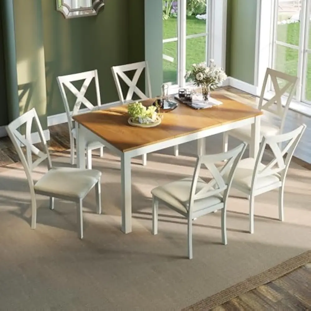 7-Piece Farmhouse Solid Wood Dining Table Set with 6 Upholstered Chairs, 60" Space Saving Dinner Table & Chairs Set, for Dining