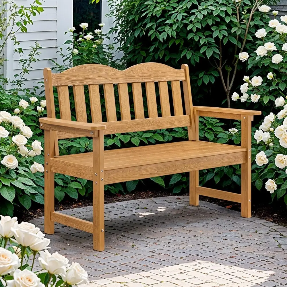 Outdoor Bench, 2-Person Poly Lumber Garden Bench with 800 lbs Weight Capacity, All-Weather Patio Bench with Armrests and Backres