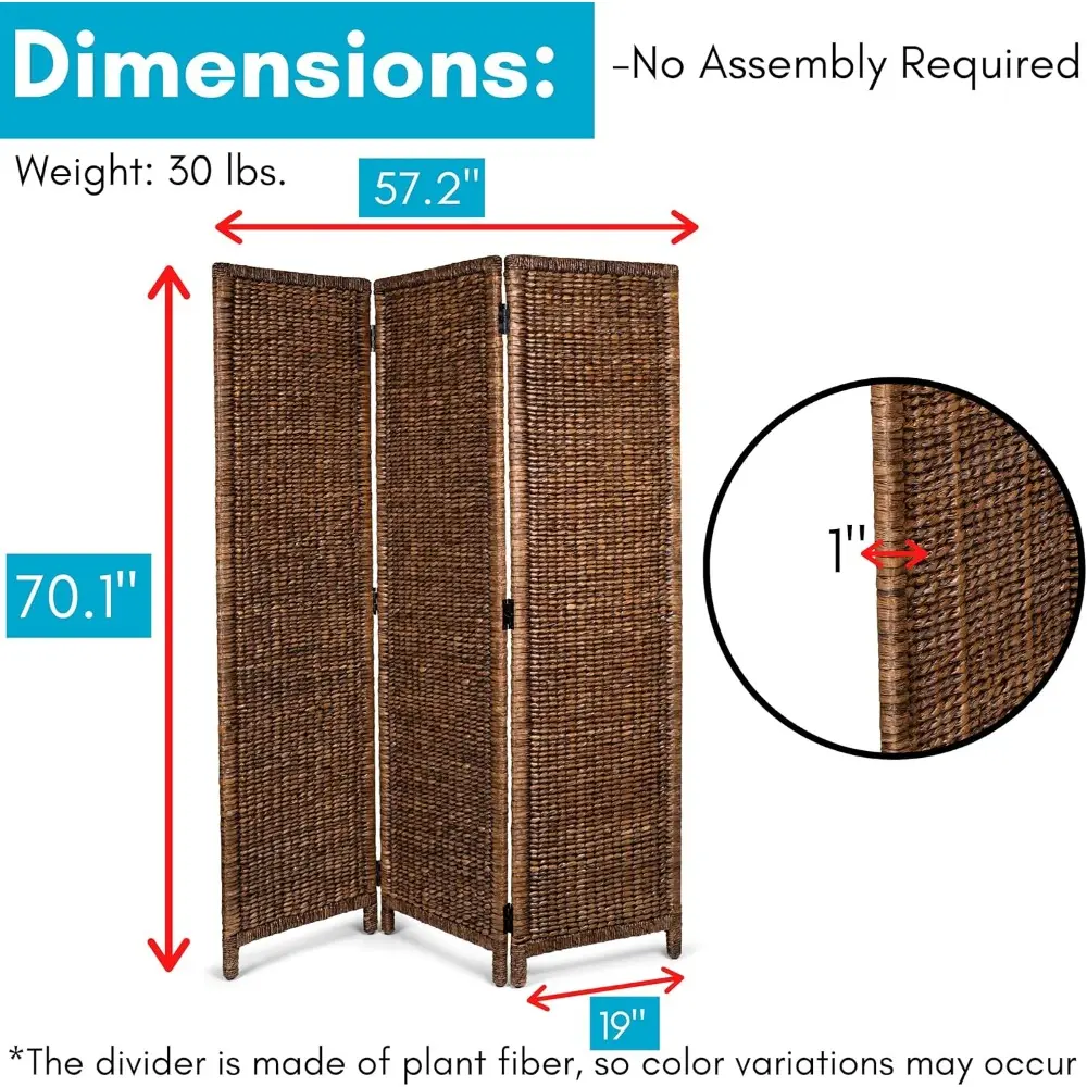 3 Panel Seagrass Room Divider - Handwoven Abaca Folding Privacy Screen, Tall Freestanding Separator for Living Room & Bedroom,