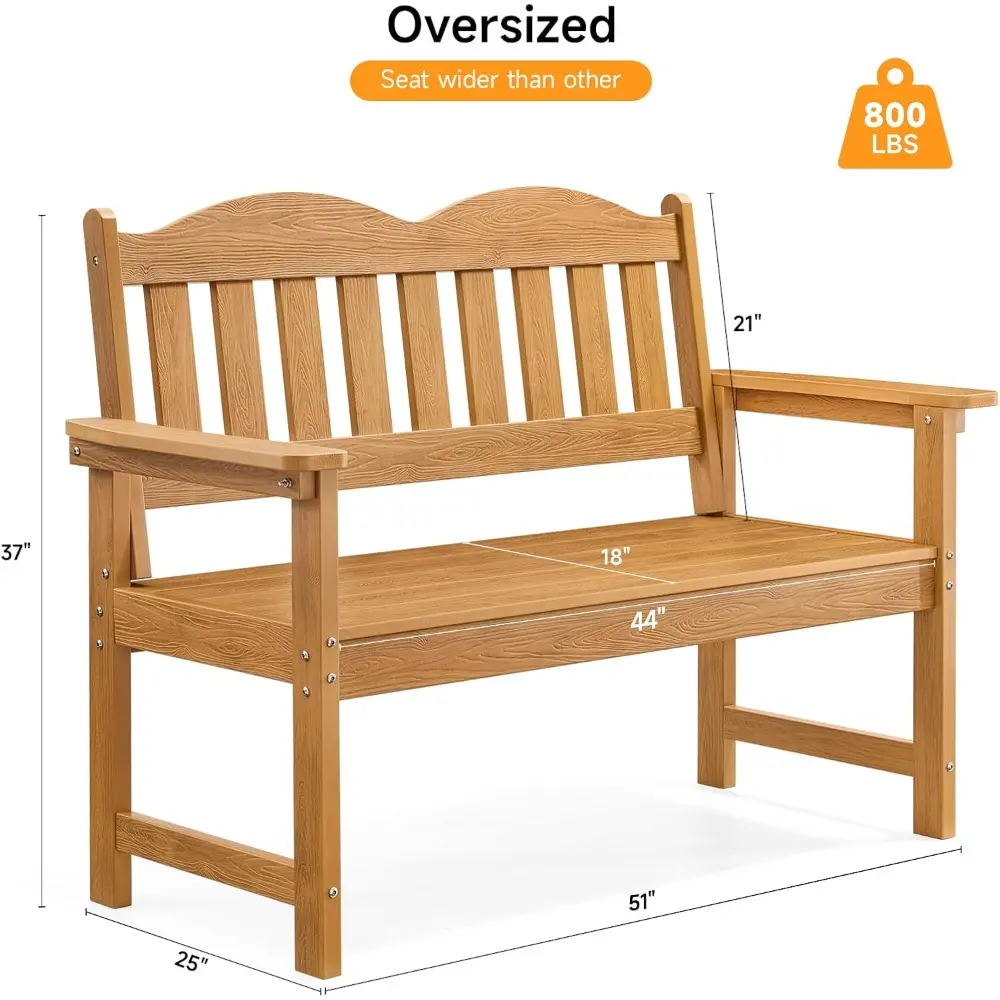 Outdoor Bench, 2-Person Poly Lumber Garden Bench with 800 lbs Weight Capacity, All-Weather Patio Bench with Armrests and Backres