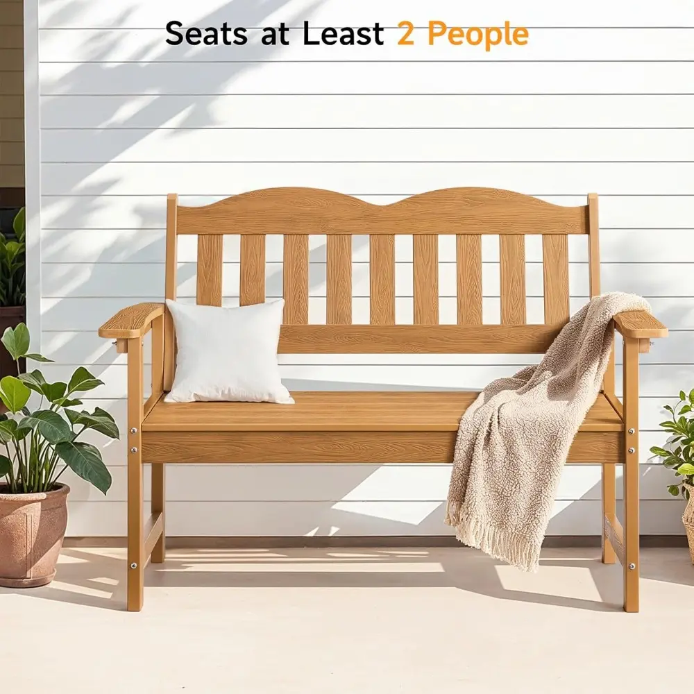 Outdoor Bench, 2-Person Poly Lumber Garden Bench with 800 lbs Weight Capacity, All-Weather Patio Bench with Armrests and Backres