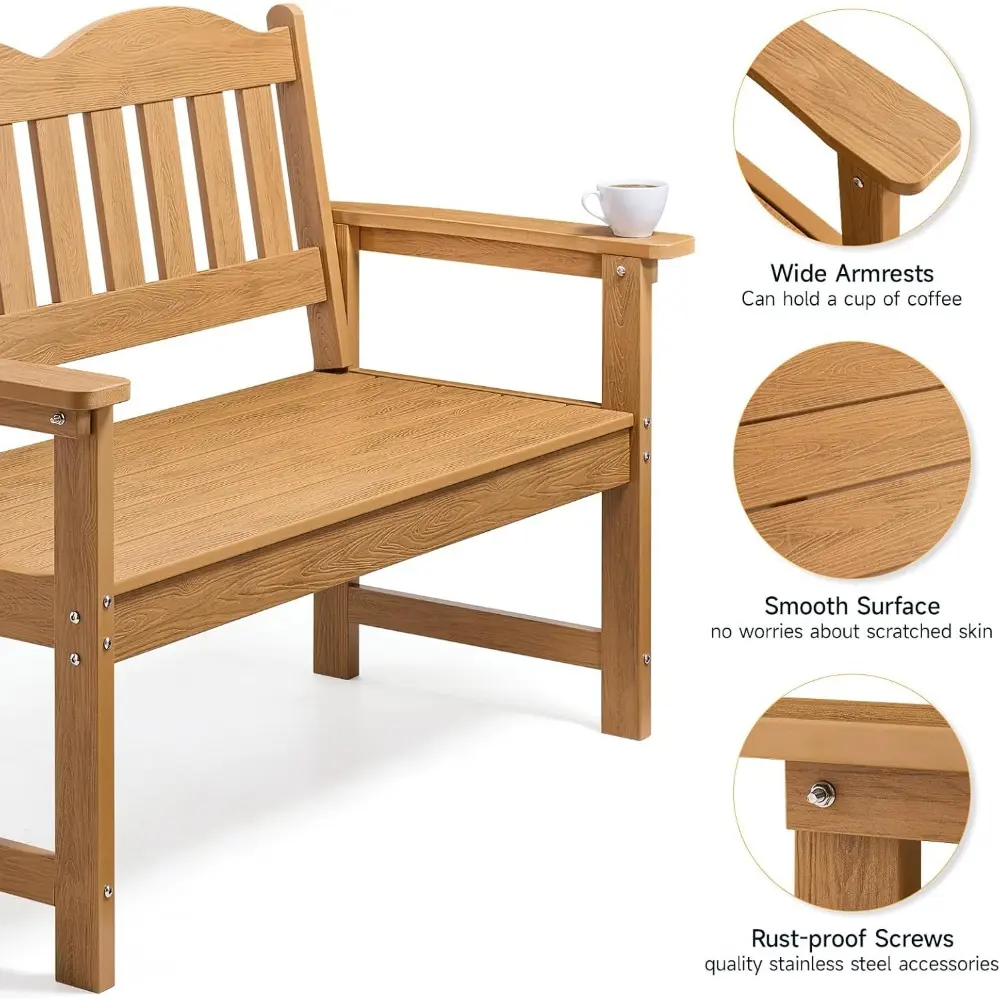 Outdoor Bench, 2-Person Poly Lumber Garden Bench with 800 lbs Weight Capacity, All-Weather Patio Bench with Armrests and Backres