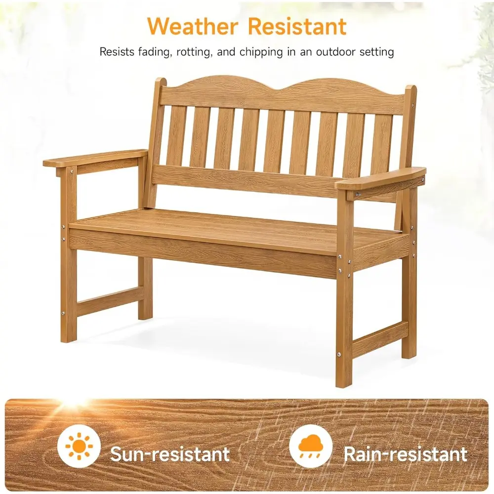 Outdoor Bench, 2-Person Poly Lumber Garden Bench with 800 lbs Weight Capacity, All-Weather Patio Bench with Armrests and Backres