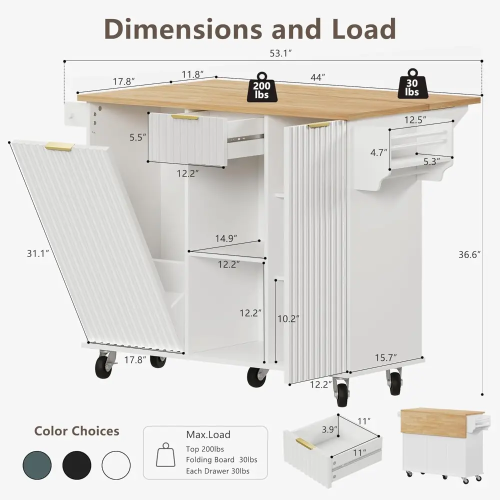 Rolling Kitchen Island with Trash Can Storage, Portable Kitchen Island with Drop Leaf Breakfast Bar, Modern Farmhouse Kitchens