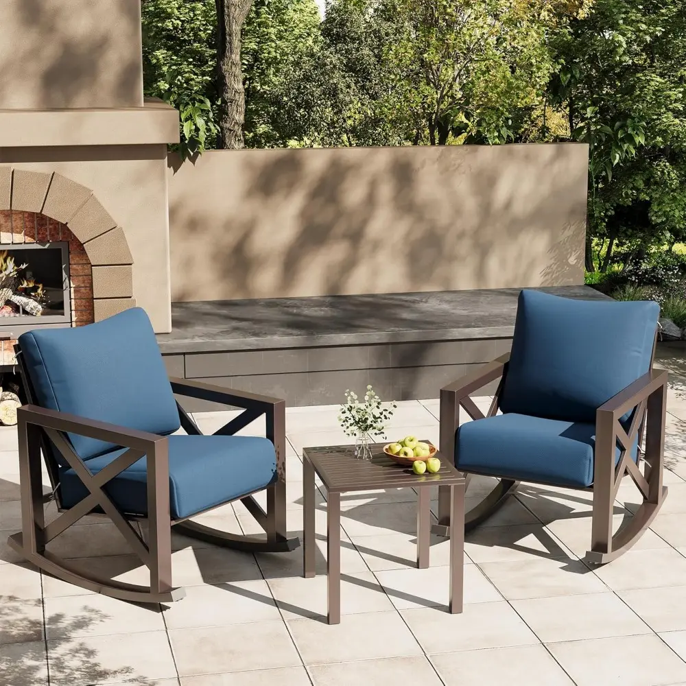 Rocking Chair Outdoor Set 2 with Coffee Table, 3 Piece Metal Rocking Bistro Set with 6.5" Water-Resistant Cushions, Oversized,