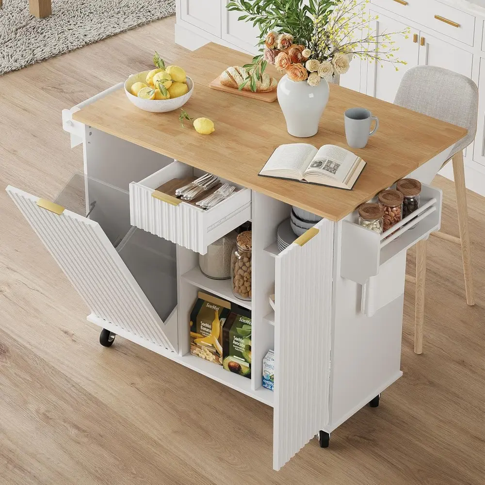 Rolling Kitchen Island with Trash Can Storage, Portable Kitchen Island with Drop Leaf Breakfast Bar, Modern Farmhouse Kitchens
