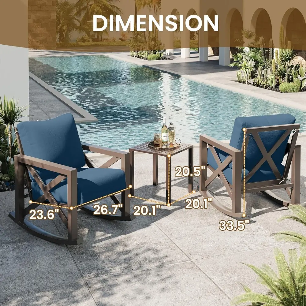 Rocking Chair Outdoor Set 2 with Coffee Table, 3 Piece Metal Rocking Bistro Set with 6.5" Water-Resistant Cushions, Oversized,