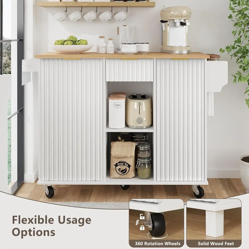Rolling Kitchen Island with Trash Can Storage, Portable Kitchen Island with Drop Leaf Breakfast Bar, Modern Farmhouse Kitchens