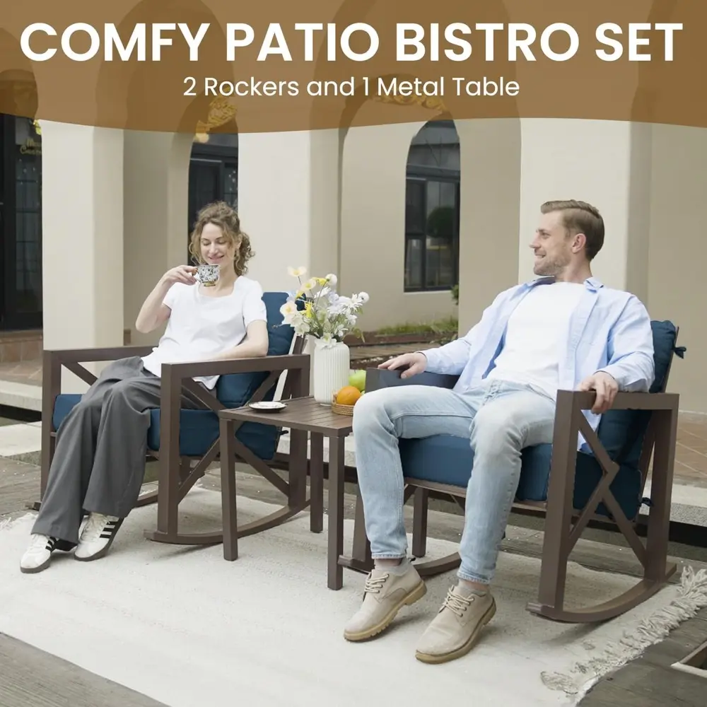 Rocking Chair Outdoor Set 2 with Coffee Table, 3 Piece Metal Rocking Bistro Set with 6.5" Water-Resistant Cushions, Oversized,