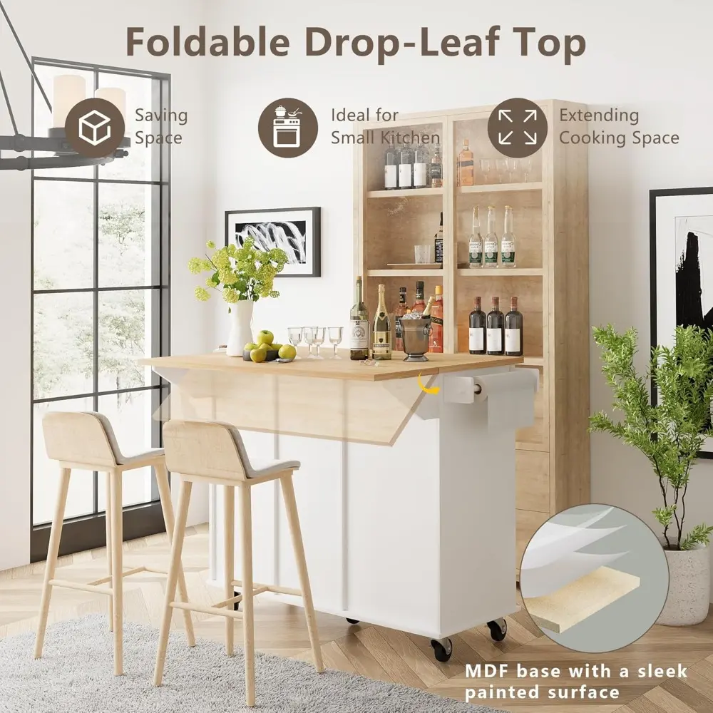 Rolling Kitchen Island with Trash Can Storage, Portable Kitchen Island with Drop Leaf Breakfast Bar, Modern Farmhouse Kitchens