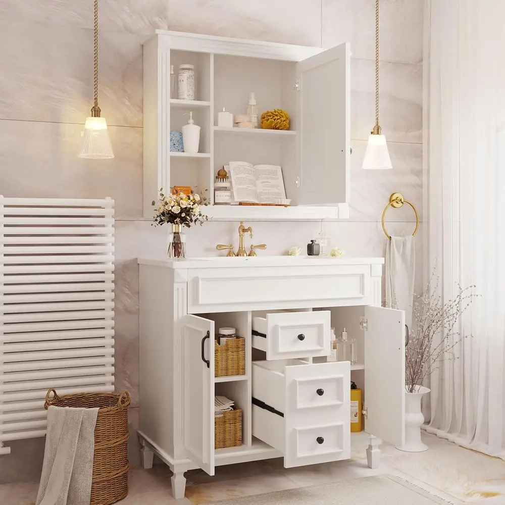 36'' Bathroom Vanity with Matching Medicine Cabinet and Ceramic Sink, Traditional Freestanding Bathroom Storage Cabinet with 2 D
