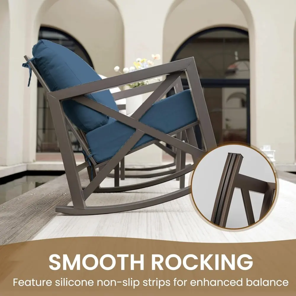 Rocking Chair Outdoor Set 2 with Coffee Table, 3 Piece Metal Rocking Bistro Set with 6.5" Water-Resistant Cushions, Oversized,