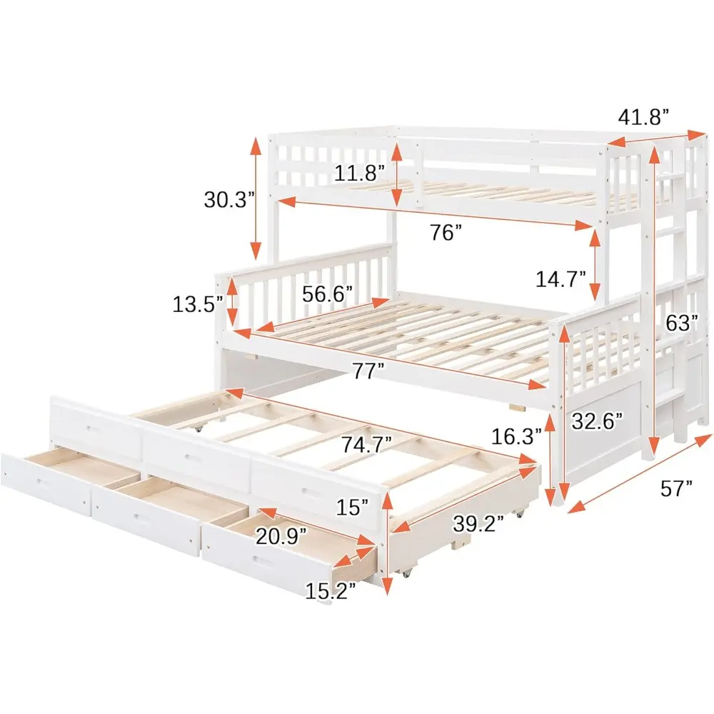 Harper & Bright Designs Twin Over Full Bunk Bed with Twin Size Trundle and 3 Storage Drawers, Solid Wood Bunk Bed Frame with Lad