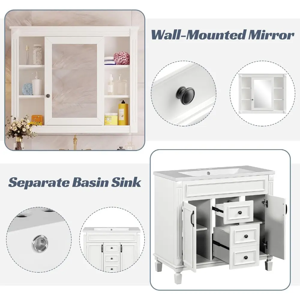 36'' Bathroom Vanity with Matching Medicine Cabinet and Ceramic Sink, Traditional Freestanding Bathroom Storage Cabinet with 2 D