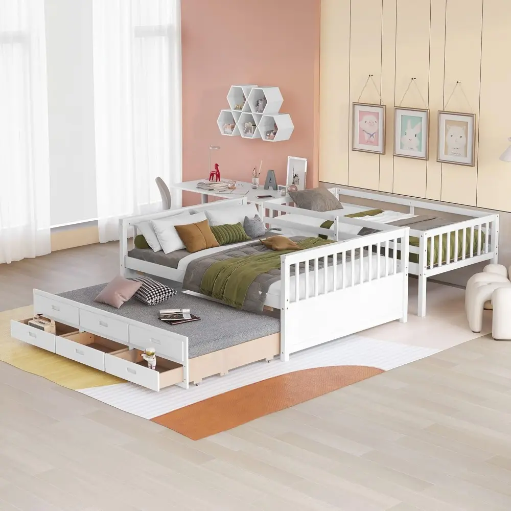 Harper & Bright Designs Twin Over Full Bunk Bed with Twin Size Trundle and 3 Storage Drawers, Solid Wood Bunk Bed Frame with Lad