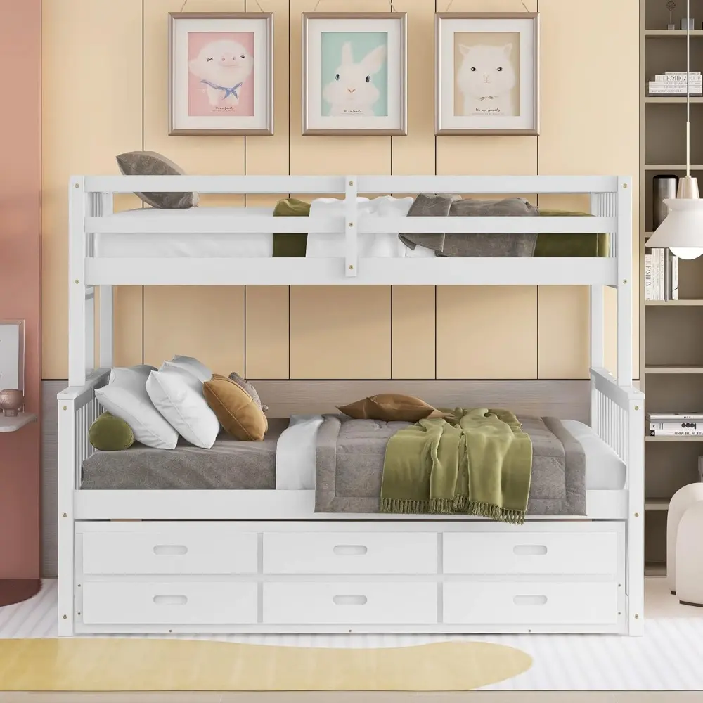 Harper & Bright Designs Twin Over Full Bunk Bed with Twin Size Trundle and 3 Storage Drawers, Solid Wood Bunk Bed Frame with Lad
