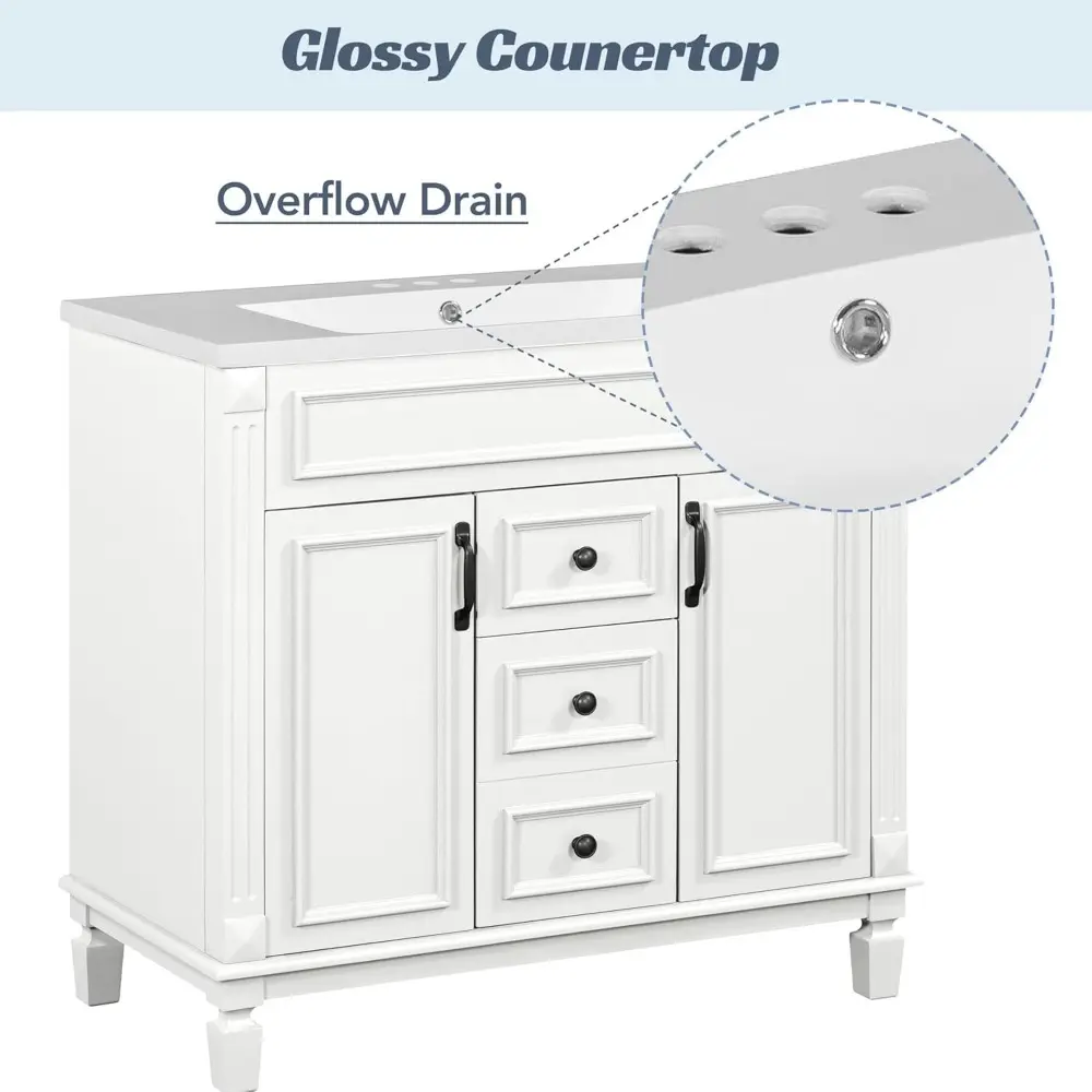 36'' Bathroom Vanity with Matching Medicine Cabinet and Ceramic Sink, Traditional Freestanding Bathroom Storage Cabinet with 2 D