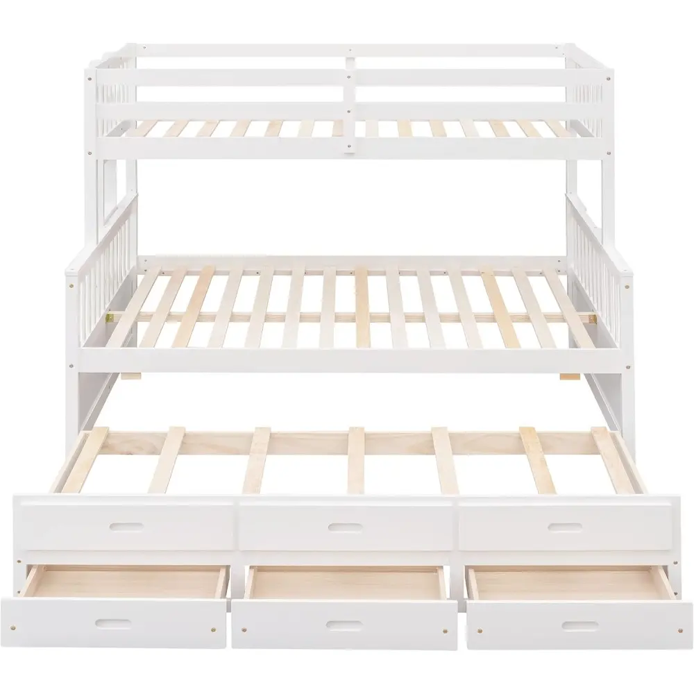 Harper & Bright Designs Twin Over Full Bunk Bed with Twin Size Trundle and 3 Storage Drawers, Solid Wood Bunk Bed Frame with Lad