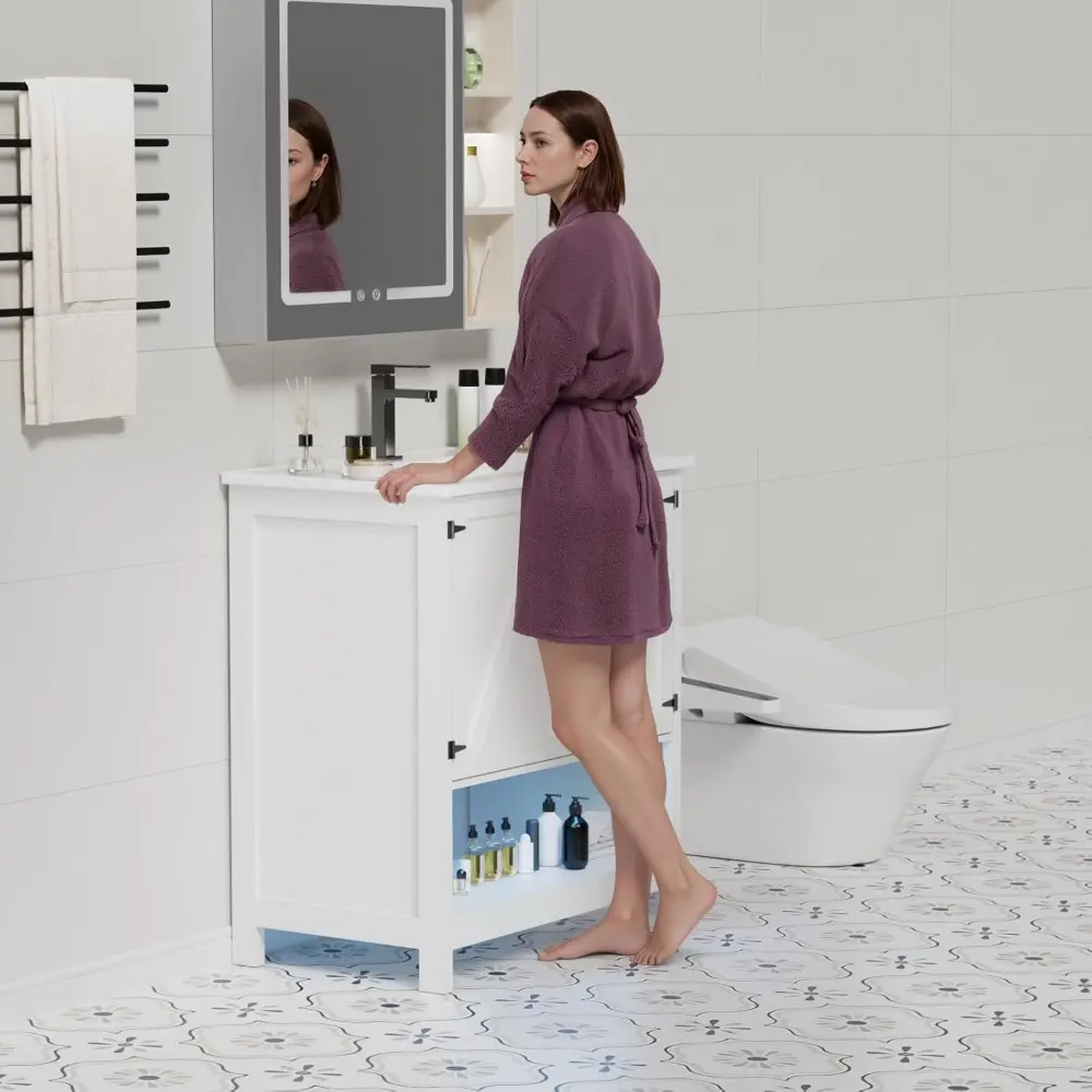 30" Bathroom Vanity with Sink, Modern Bathroom Cabinet, Bathroom Vanity Set, Double Soft Closing Cabinet Door with Organizer, Wh