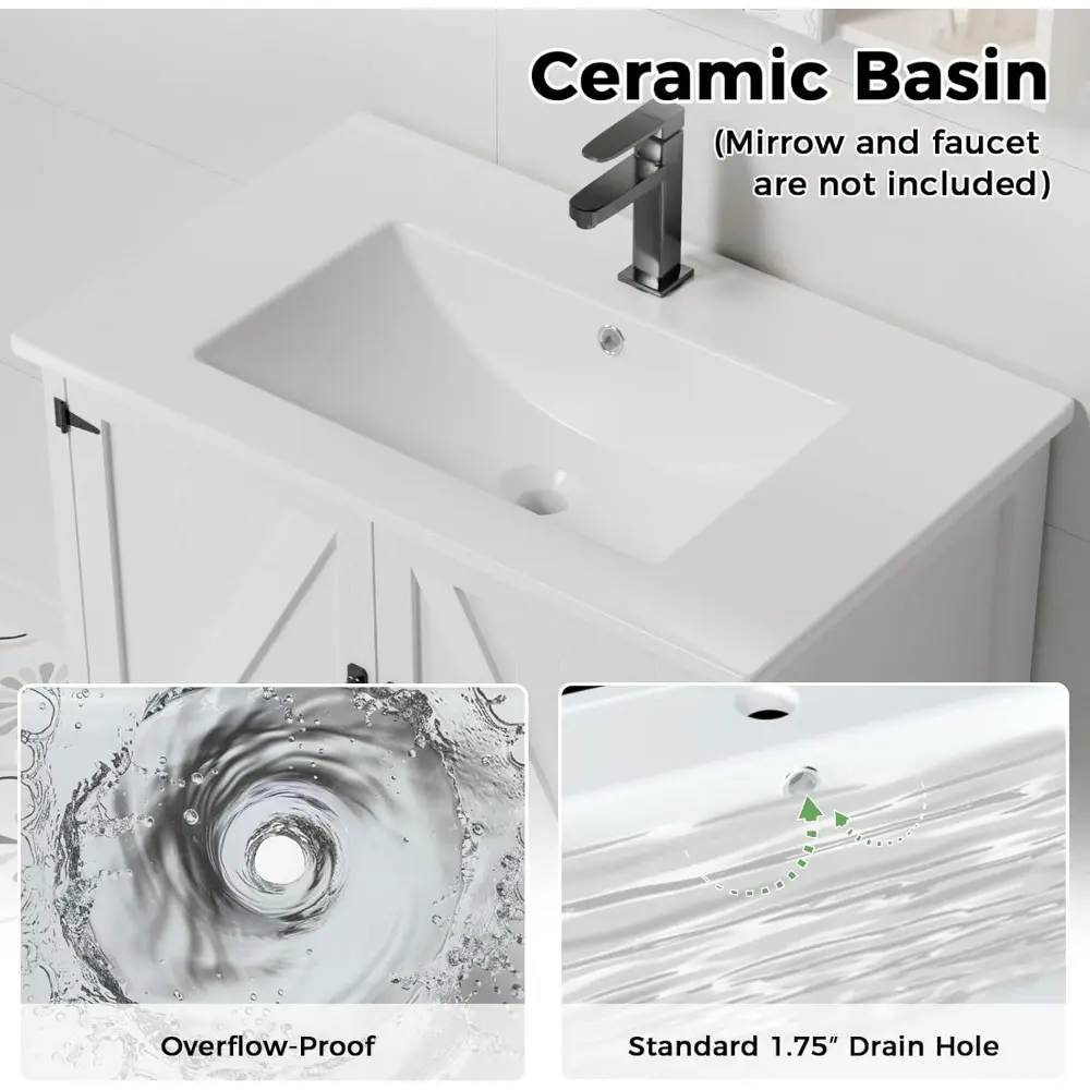 30" Bathroom Vanity with Sink, Modern Bathroom Cabinet, Bathroom Vanity Set, Double Soft Closing Cabinet Door with Organizer, Wh
