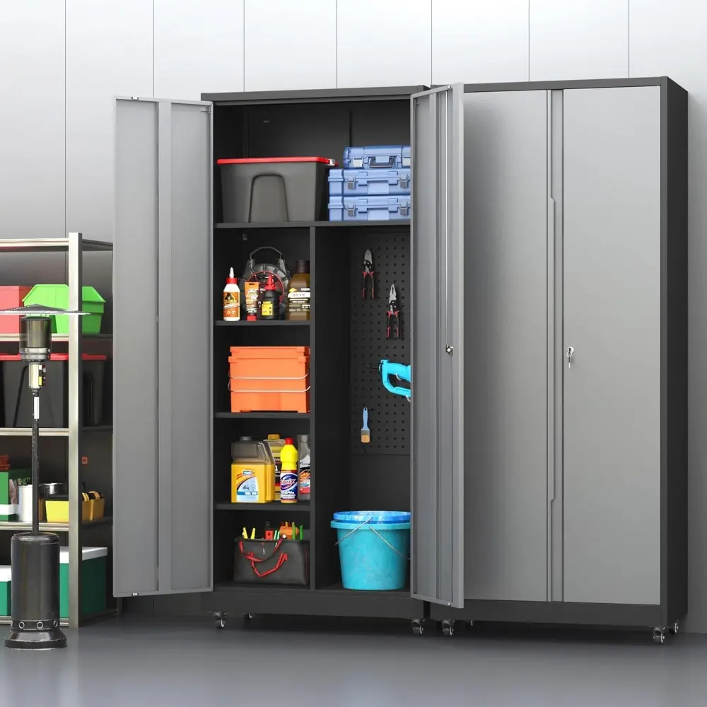 Metal Garage Storage Cabinet with 2 Doors, Adjustable Rolling Tool Storage Cabinet with Lock, 71" Steel Locking Tool Cabinet wit