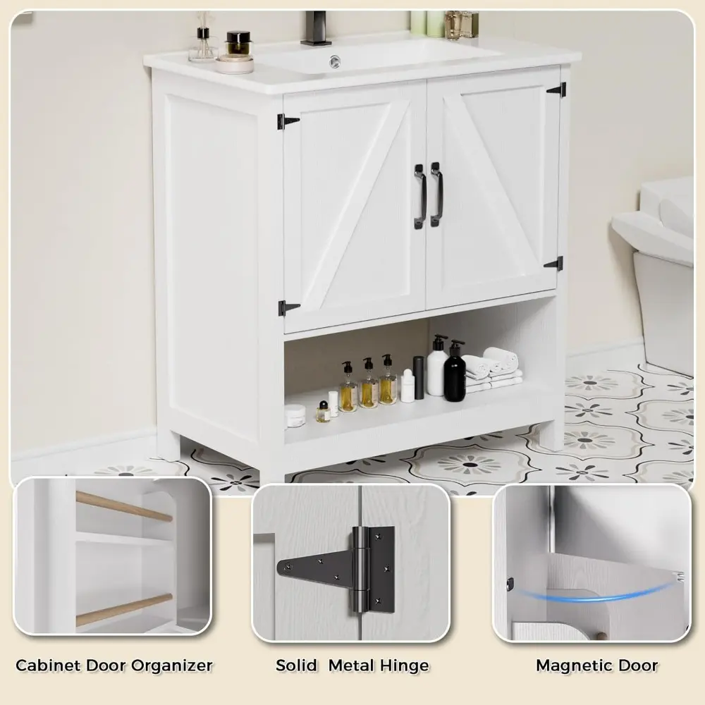 30" Bathroom Vanity with Sink, Modern Bathroom Cabinet, Bathroom Vanity Set, Double Soft Closing Cabinet Door with Organizer, Wh