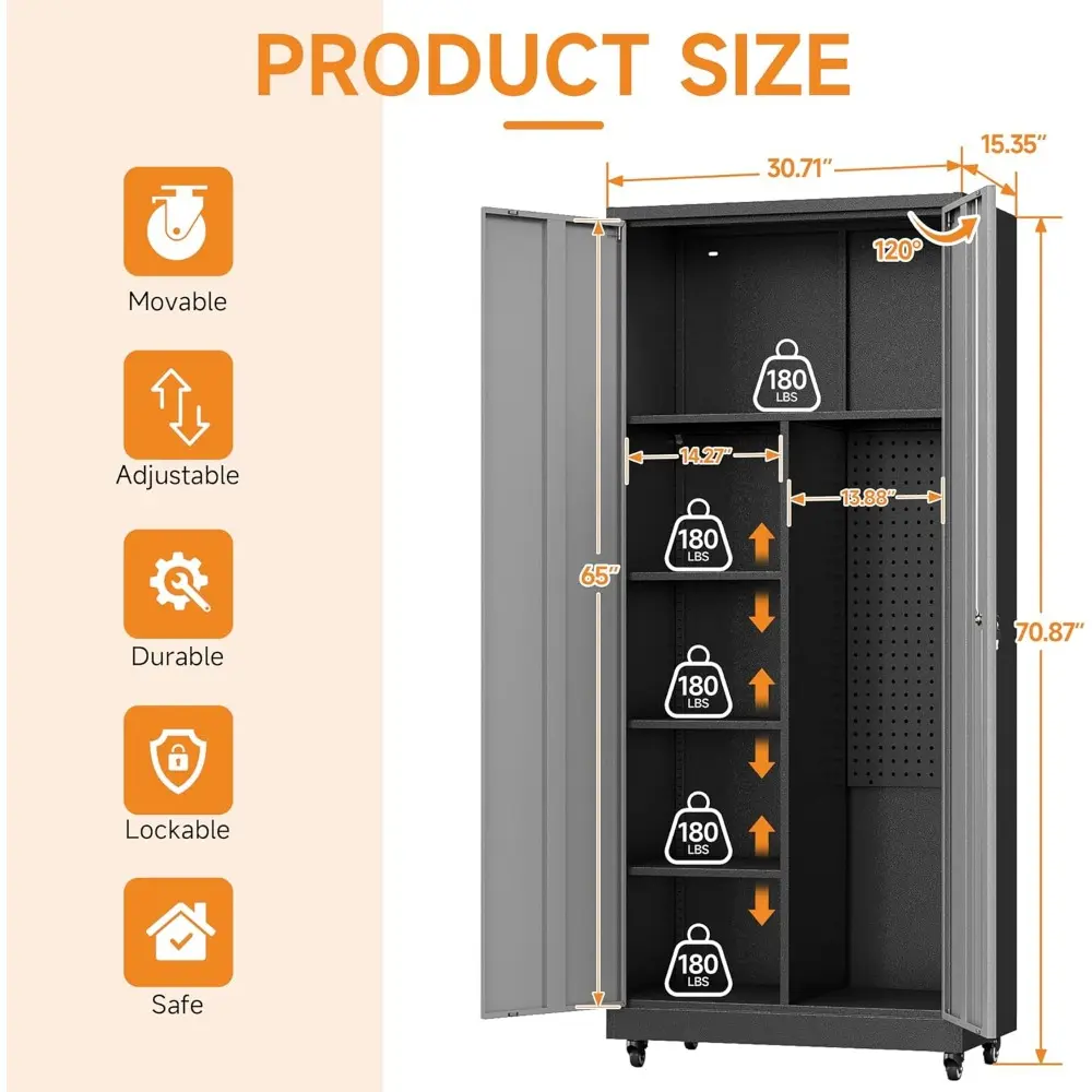 Metal Garage Storage Cabinet with 2 Doors, Adjustable Rolling Tool Storage Cabinet with Lock, 71" Steel Locking Tool Cabinet wit
