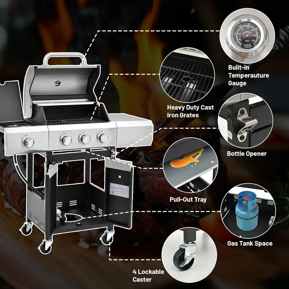 3-Burner Propane Gas BBQ Grill with Side Burner, 40,500 BTU Stainless Steel Gas Grill with Rain Cover for Outdoor, Camping, Barb