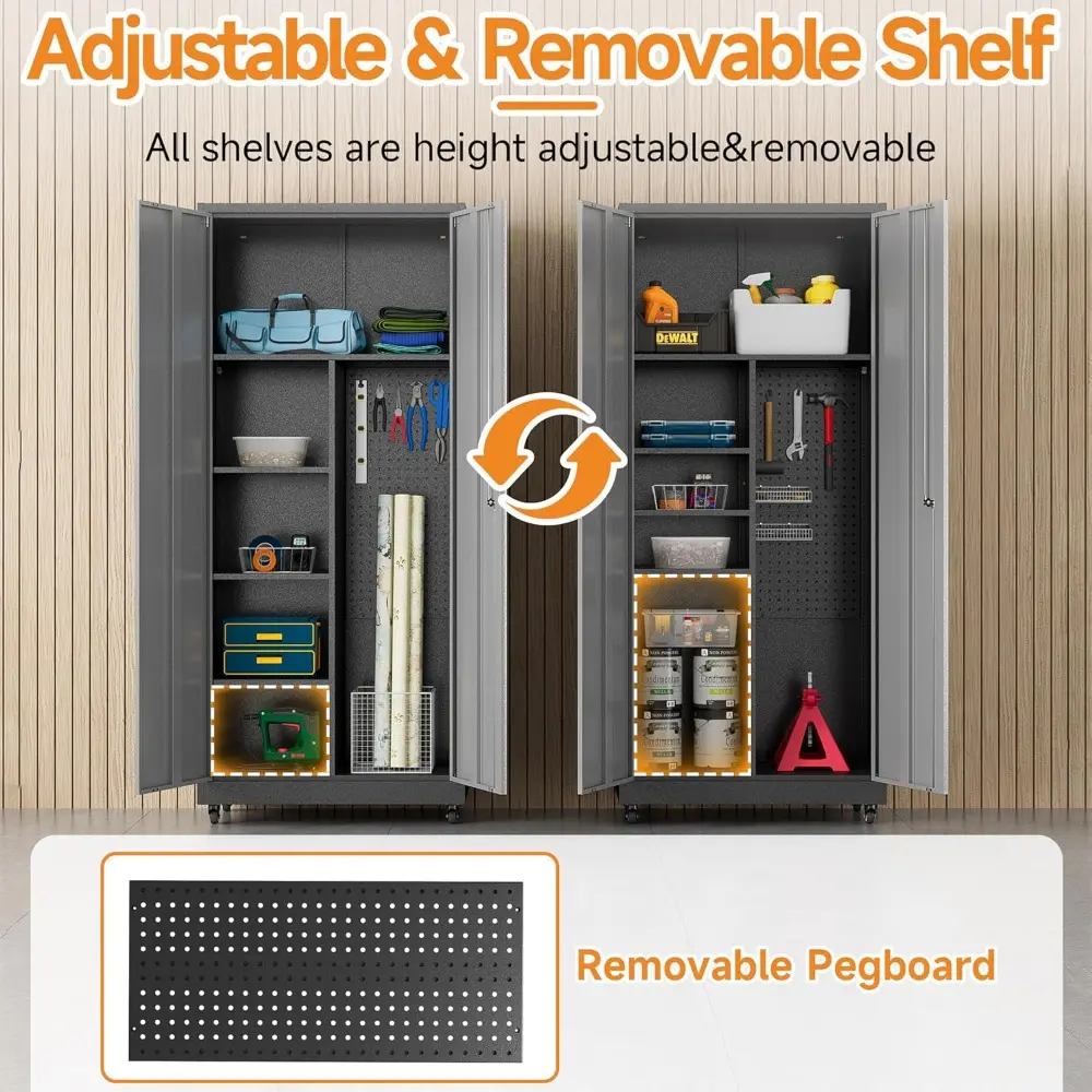 Metal Garage Storage Cabinet with 2 Doors, Adjustable Rolling Tool Storage Cabinet with Lock, 71" Steel Locking Tool Cabinet wit