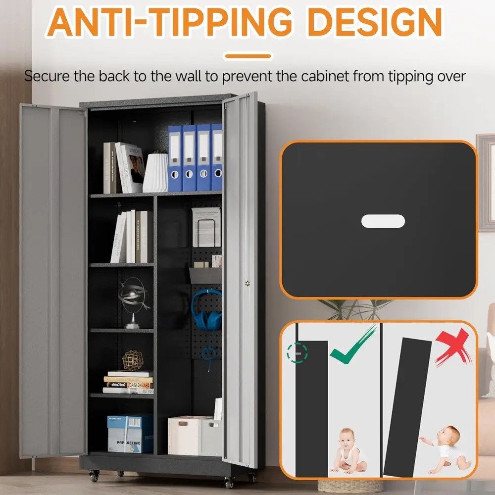 Metal Garage Storage Cabinet with 2 Doors, Adjustable Rolling Tool Storage Cabinet with Lock, 71" Steel Locking Tool Cabinet wit
