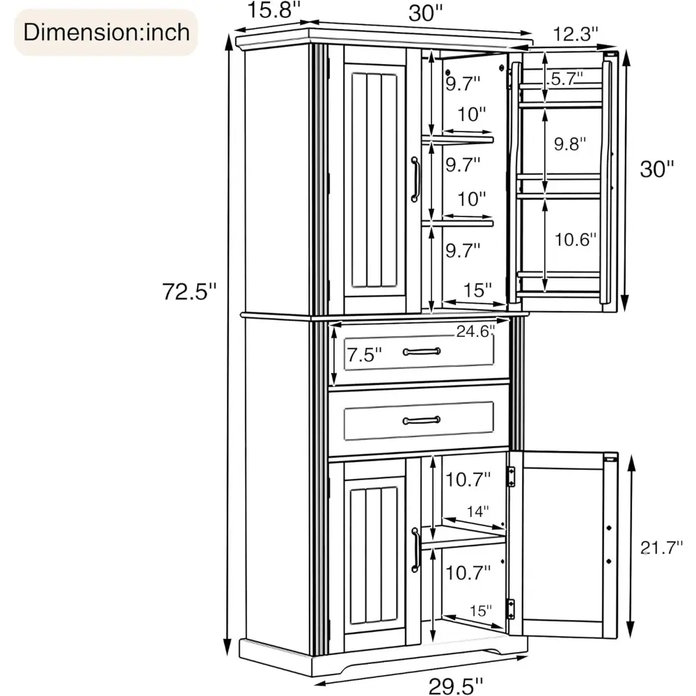 72'' Tall Bathroom Storage Cabinet with 4 Doors,2 Drawers, Adjustable Shelves and Storage Racks, Freestanding Linen Cabinet Kitc