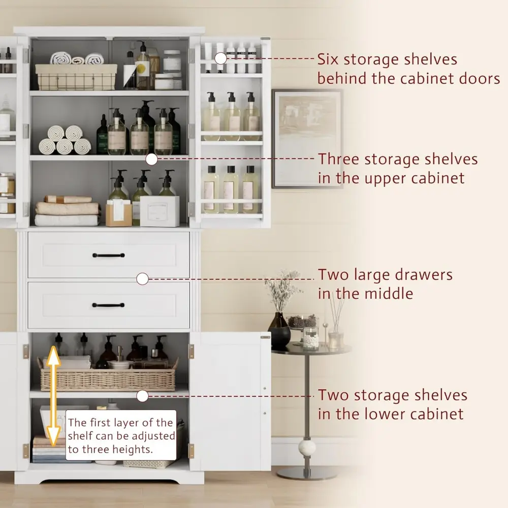 72'' Tall Bathroom Storage Cabinet with 4 Doors,2 Drawers, Adjustable Shelves and Storage Racks, Freestanding Linen Cabinet Kitc