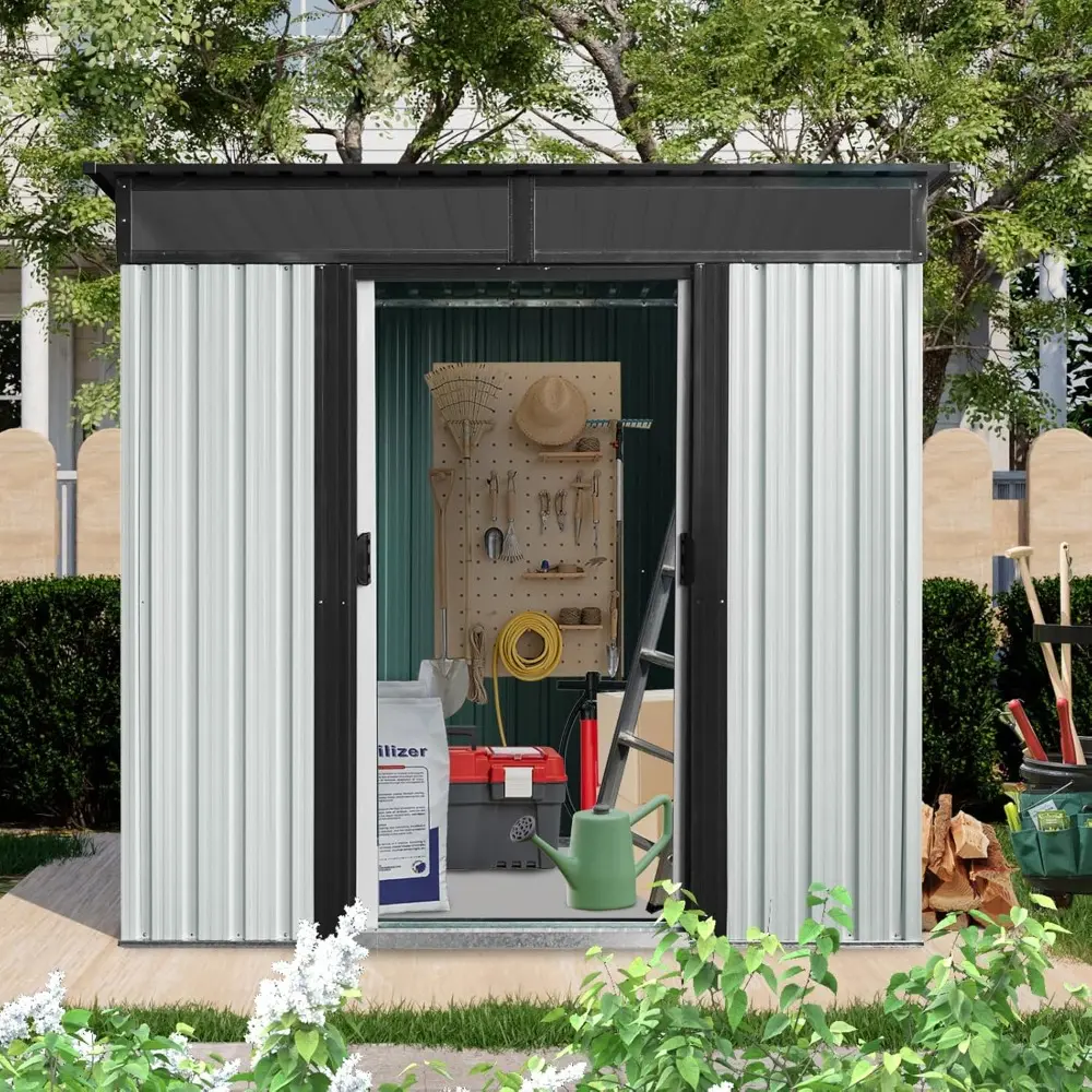 6x5 ft Outdoor Metal Storage Shed with Floor Foundation and Window, Lockable Galvanized Steel Tool Shed with Sliding Door, Air V