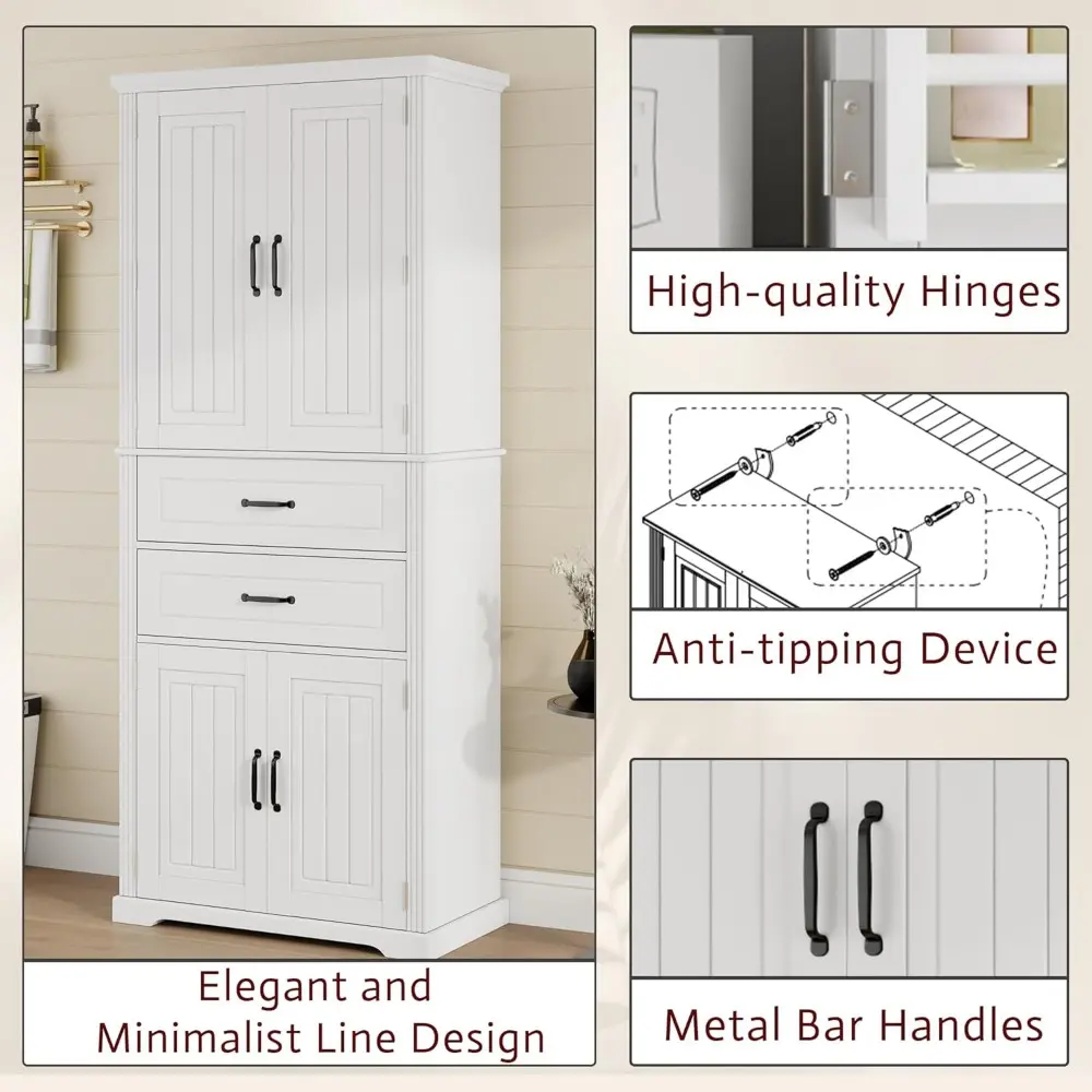 72'' Tall Bathroom Storage Cabinet with 4 Doors,2 Drawers, Adjustable Shelves and Storage Racks, Freestanding Linen Cabinet Kitc